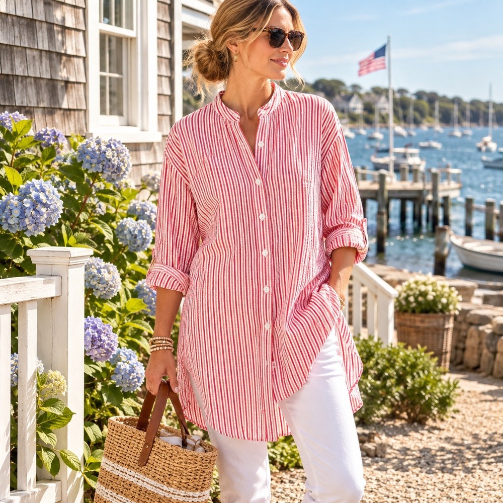 Tuckernuck Strawberry Stripe Seersucker Tunic Top XL Red White Cape Cod NWT